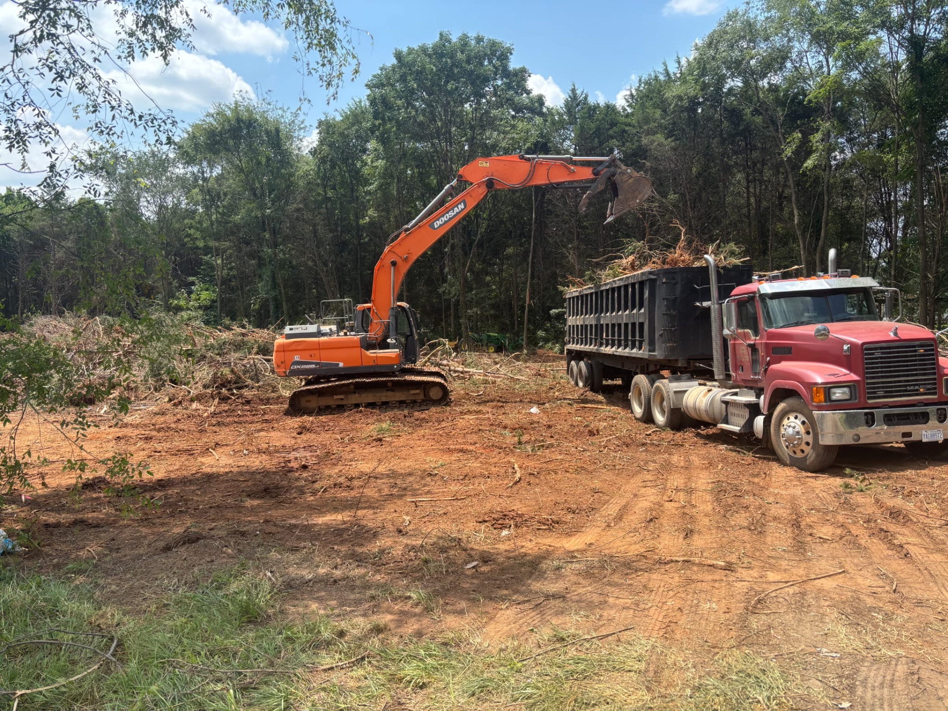 Excavator loading cleared brush into a haul truck